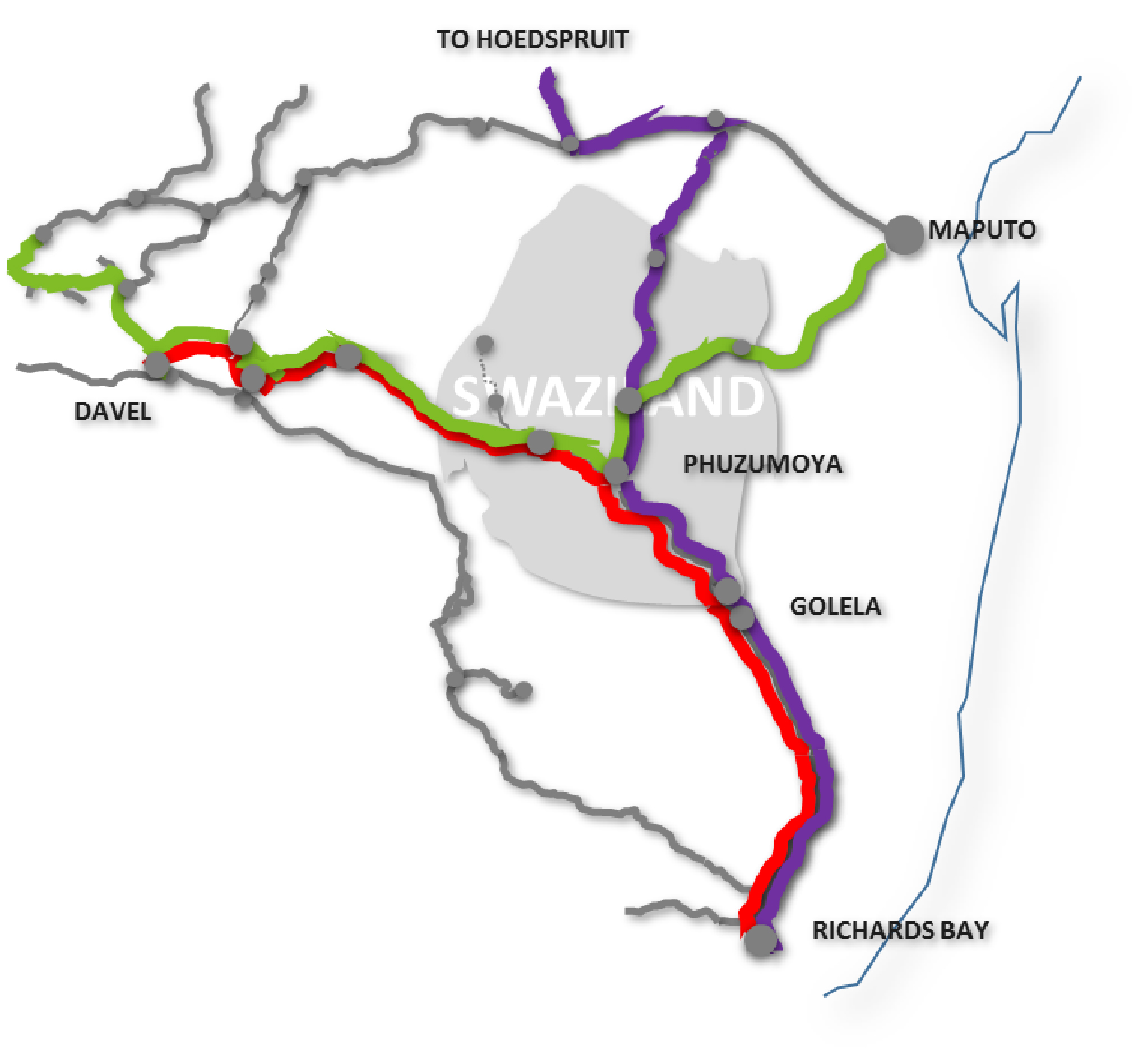 The Eswatini Railways System Map with added details of the new Eswatini Rail Link Project.